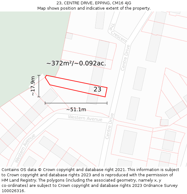 23, CENTRE DRIVE, EPPING, CM16 4JG: Plot and title map