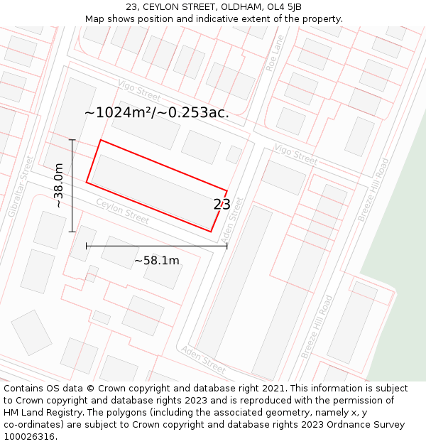 23, CEYLON STREET, OLDHAM, OL4 5JB: Plot and title map