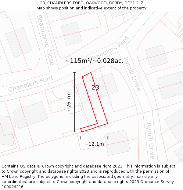 23, CHANDLERS FORD, OAKWOOD, DERBY, DE21 2LZ: Plot and title map