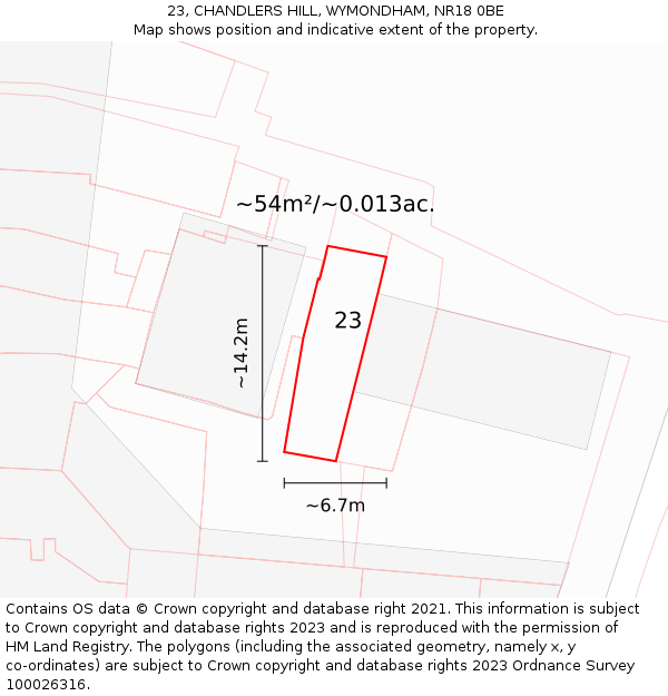 23, CHANDLERS HILL, WYMONDHAM, NR18 0BE: Plot and title map