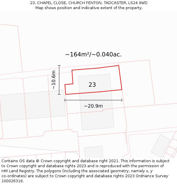 23, CHAPEL CLOSE, CHURCH FENTON, TADCASTER, LS24 9WD: Plot and title map