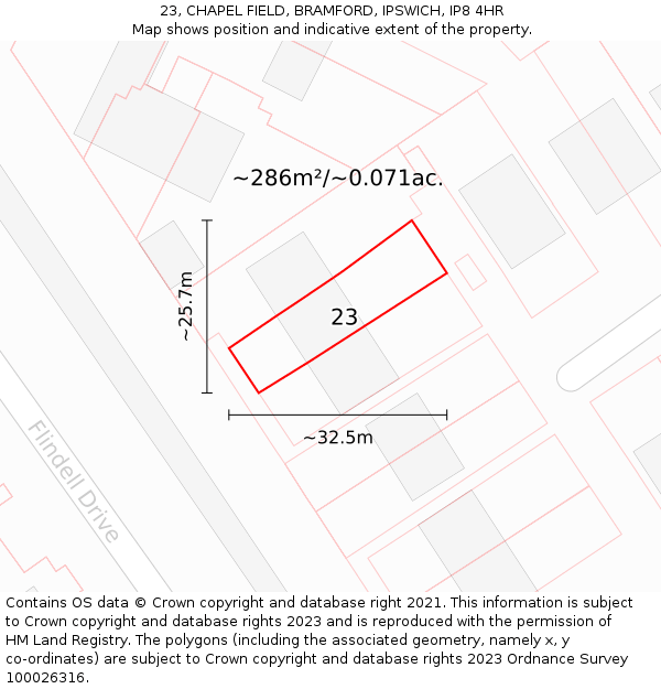 23, CHAPEL FIELD, BRAMFORD, IPSWICH, IP8 4HR: Plot and title map