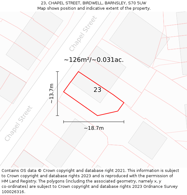 23, CHAPEL STREET, BIRDWELL, BARNSLEY, S70 5UW: Plot and title map