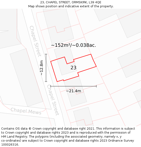 23, CHAPEL STREET, ORMSKIRK, L39 4QE: Plot and title map