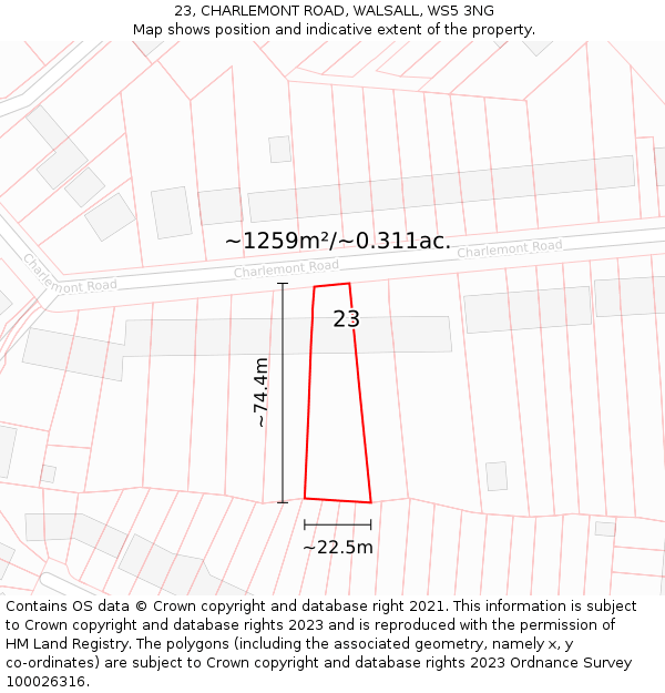 23, CHARLEMONT ROAD, WALSALL, WS5 3NG: Plot and title map