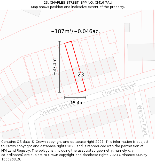 23, CHARLES STREET, EPPING, CM16 7AU: Plot and title map