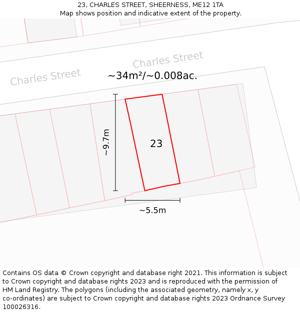 23, CHARLES STREET, SHEERNESS, ME12 1TA: Plot and title map