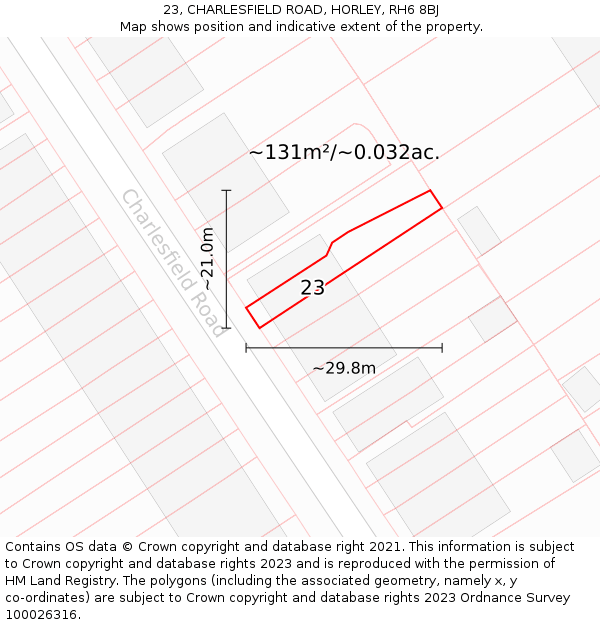 23, CHARLESFIELD ROAD, HORLEY, RH6 8BJ: Plot and title map