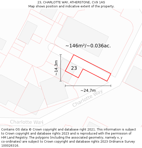 23, CHARLOTTE WAY, ATHERSTONE, CV9 1AS: Plot and title map
