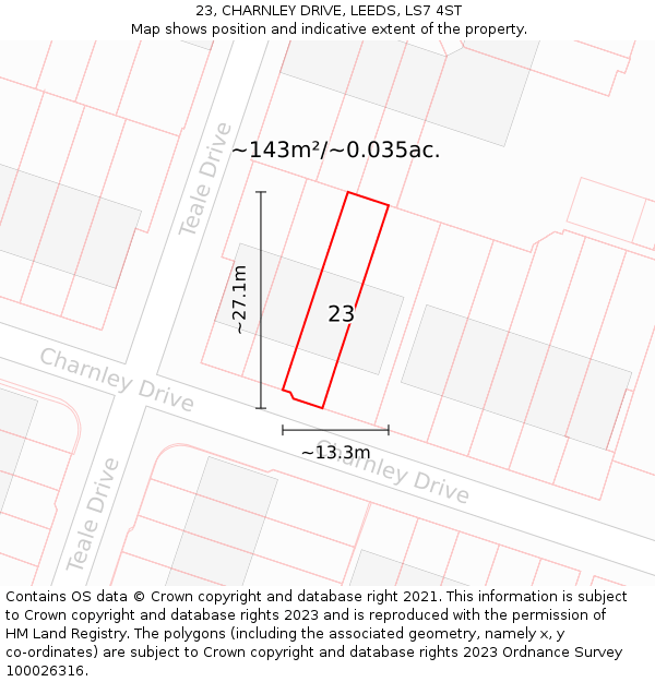 23, CHARNLEY DRIVE, LEEDS, LS7 4ST: Plot and title map