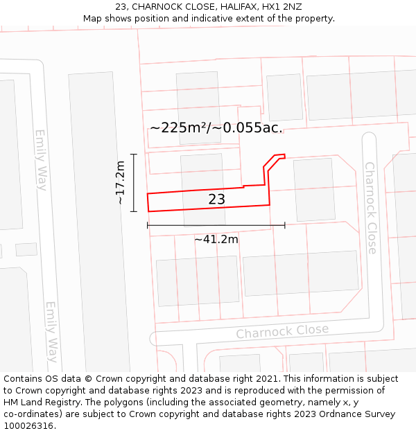 23, CHARNOCK CLOSE, HALIFAX, HX1 2NZ: Plot and title map