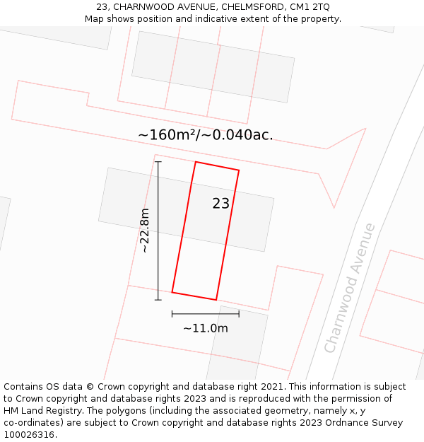 23, CHARNWOOD AVENUE, CHELMSFORD, CM1 2TQ: Plot and title map