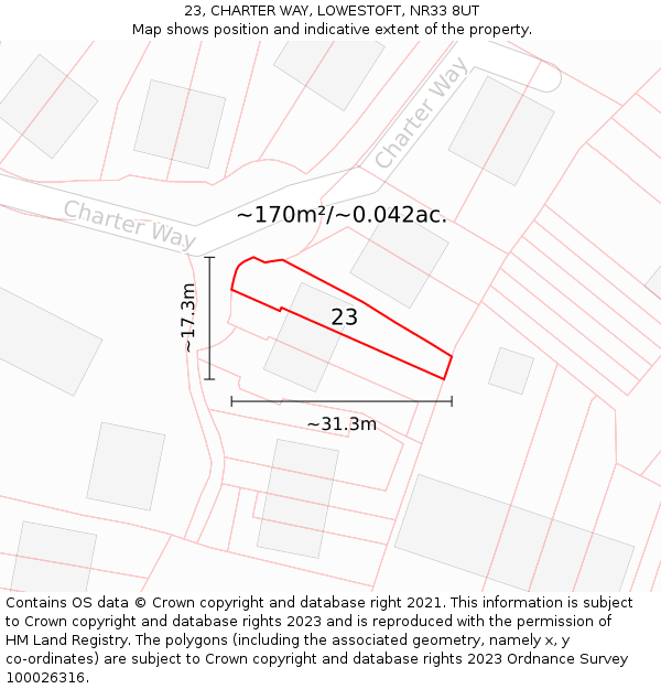 23, CHARTER WAY, LOWESTOFT, NR33 8UT: Plot and title map