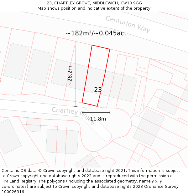23, CHARTLEY GROVE, MIDDLEWICH, CW10 9GG: Plot and title map