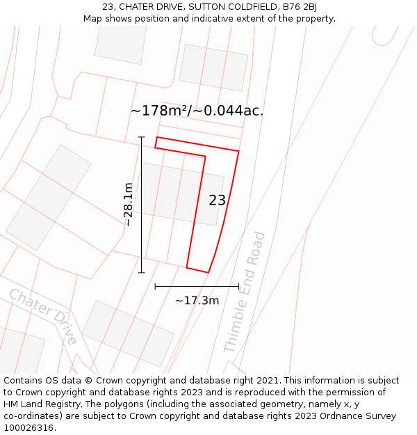 23, CHATER DRIVE, SUTTON COLDFIELD, B76 2BJ: Plot and title map
