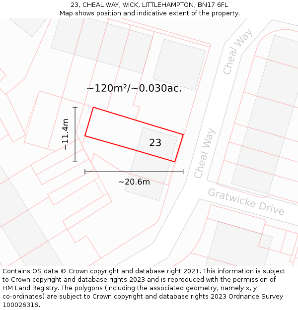 23, CHEAL WAY, WICK, LITTLEHAMPTON, BN17 6FL: Plot and title map