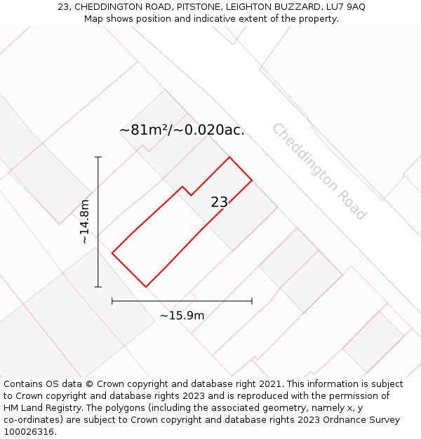 23, CHEDDINGTON ROAD, PITSTONE, LEIGHTON BUZZARD, LU7 9AQ: Plot and title map