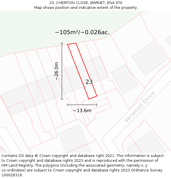 23, CHERITON CLOSE, BARNET, EN4 9TX: Plot and title map