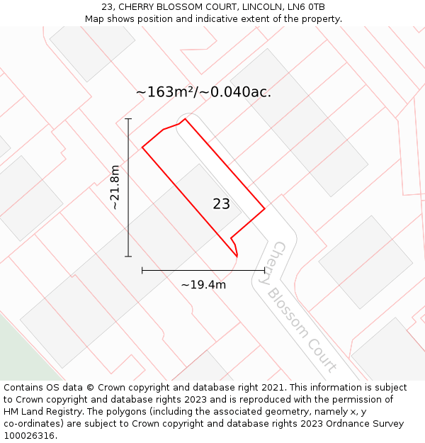 23, CHERRY BLOSSOM COURT, LINCOLN, LN6 0TB: Plot and title map