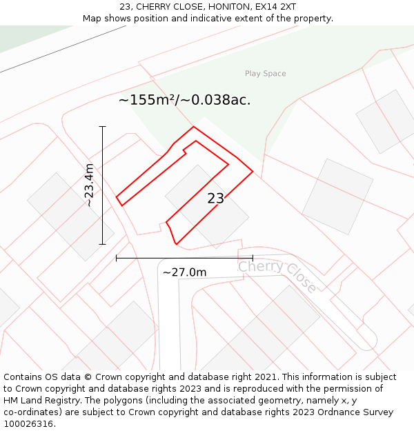 23, CHERRY CLOSE, HONITON, EX14 2XT: Plot and title map