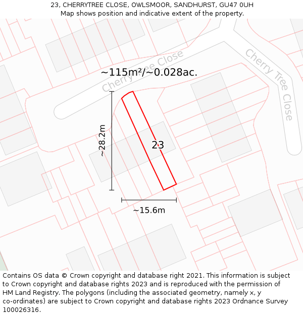 23, CHERRYTREE CLOSE, OWLSMOOR, SANDHURST, GU47 0UH: Plot and title map