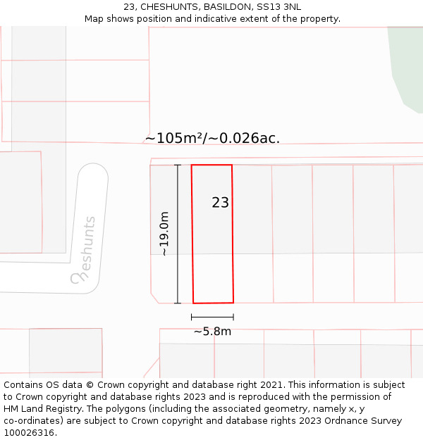 23, CHESHUNTS, BASILDON, SS13 3NL: Plot and title map