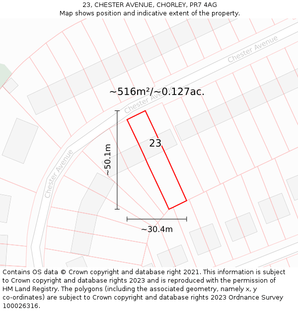 23, CHESTER AVENUE, CHORLEY, PR7 4AG: Plot and title map