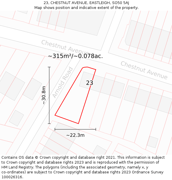 23, CHESTNUT AVENUE, EASTLEIGH, SO50 5AJ: Plot and title map