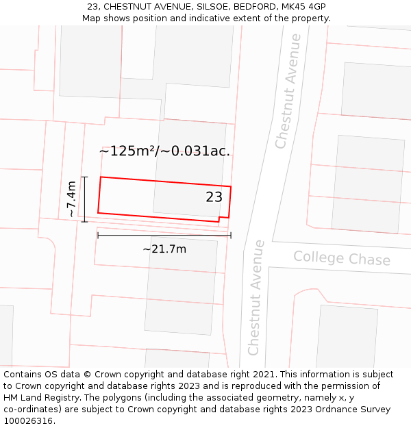 23, CHESTNUT AVENUE, SILSOE, BEDFORD, MK45 4GP: Plot and title map