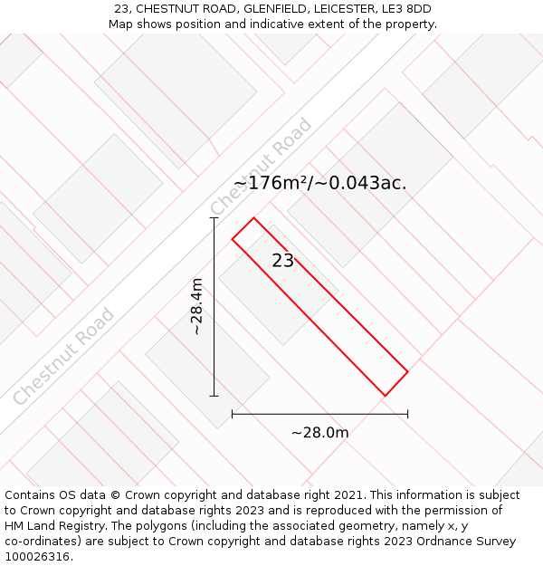 23, CHESTNUT ROAD, GLENFIELD, LEICESTER, LE3 8DD: Plot and title map