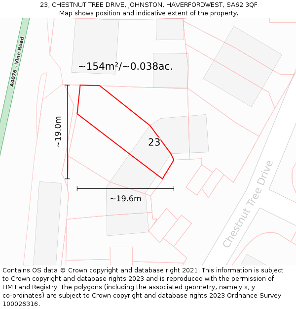 23, CHESTNUT TREE DRIVE, JOHNSTON, HAVERFORDWEST, SA62 3QF: Plot and title map