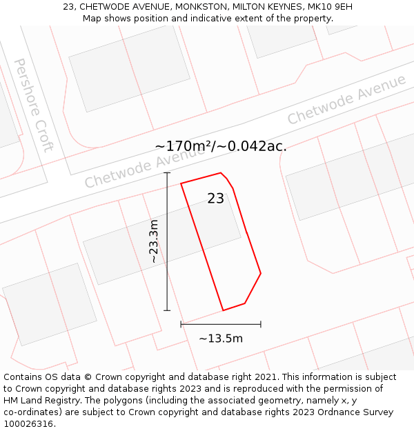23, CHETWODE AVENUE, MONKSTON, MILTON KEYNES, MK10 9EH: Plot and title map