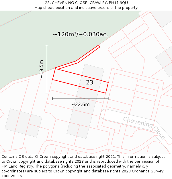 23, CHEVENING CLOSE, CRAWLEY, RH11 9QU: Plot and title map