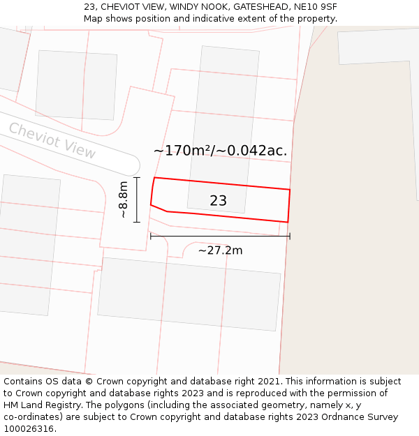 23, CHEVIOT VIEW, WINDY NOOK, GATESHEAD, NE10 9SF: Plot and title map