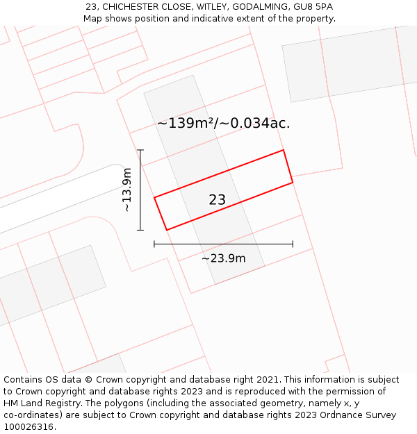 23, CHICHESTER CLOSE, WITLEY, GODALMING, GU8 5PA: Plot and title map