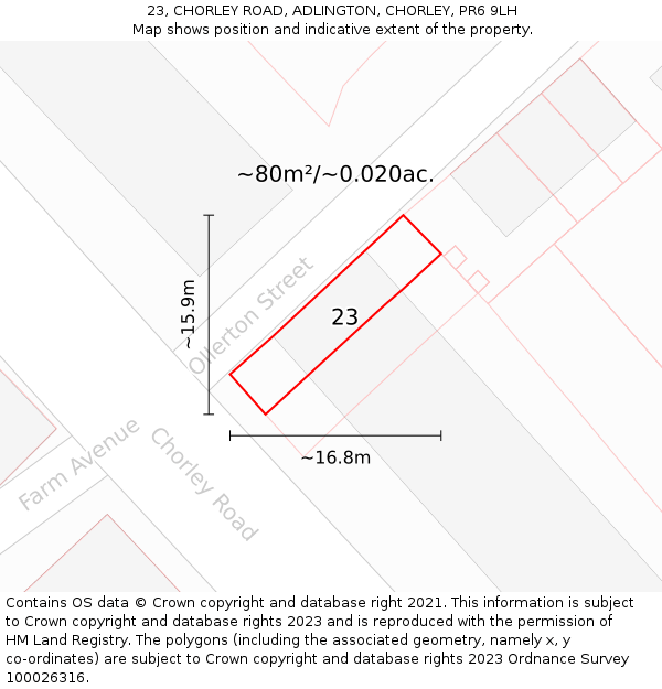 23, CHORLEY ROAD, ADLINGTON, CHORLEY, PR6 9LH: Plot and title map