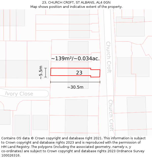 23, CHURCH CROFT, ST ALBANS, AL4 0GN: Plot and title map