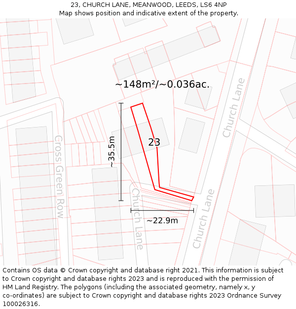 23, CHURCH LANE, MEANWOOD, LEEDS, LS6 4NP: Plot and title map