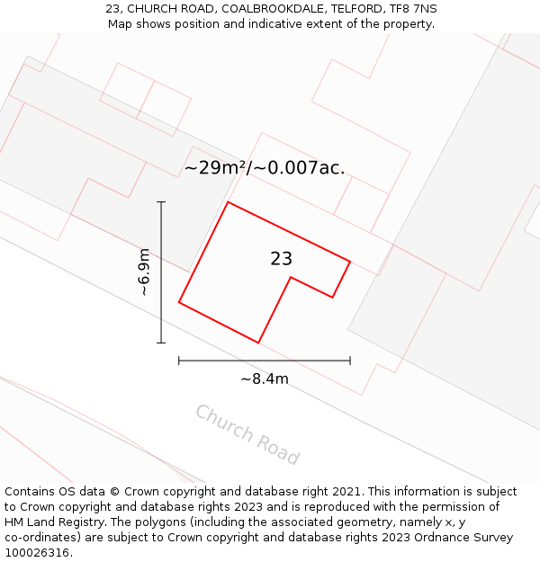 23, CHURCH ROAD, COALBROOKDALE, TELFORD, TF8 7NS: Plot and title map