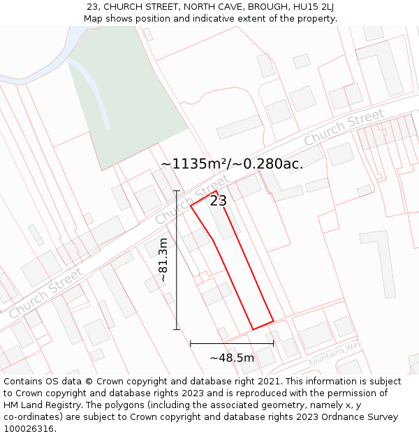 23, CHURCH STREET, NORTH CAVE, BROUGH, HU15 2LJ: Plot and title map