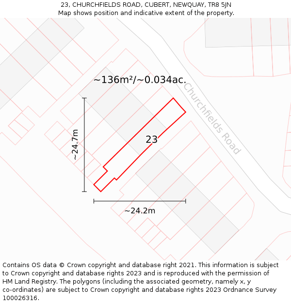 23, CHURCHFIELDS ROAD, CUBERT, NEWQUAY, TR8 5JN: Plot and title map