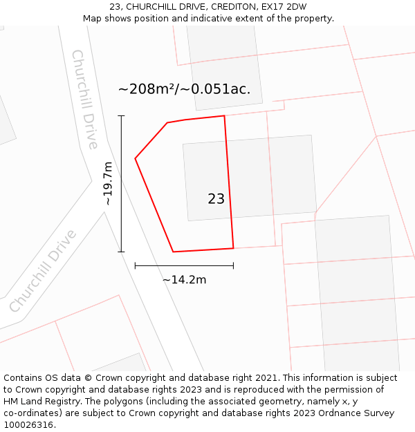 23, CHURCHILL DRIVE, CREDITON, EX17 2DW: Plot and title map