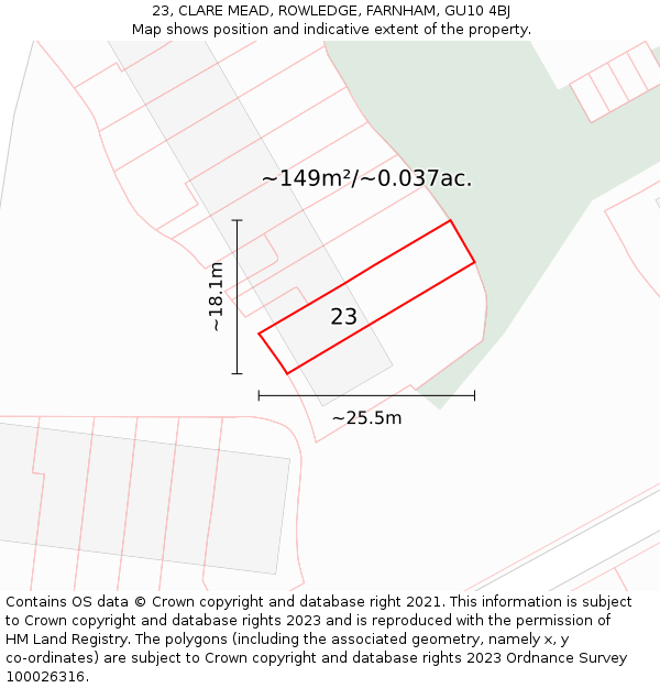 23, CLARE MEAD, ROWLEDGE, FARNHAM, GU10 4BJ: Plot and title map