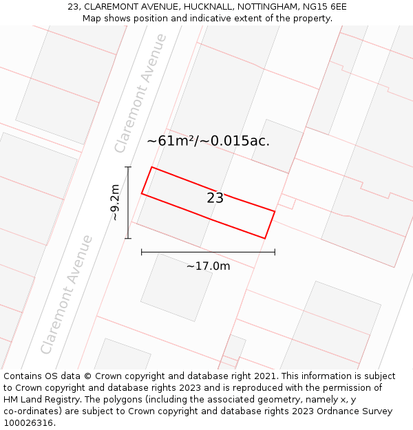 23, CLAREMONT AVENUE, HUCKNALL, NOTTINGHAM, NG15 6EE: Plot and title map