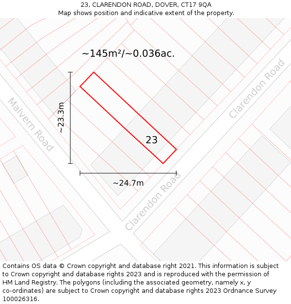 23, CLARENDON ROAD, DOVER, CT17 9QA: Plot and title map