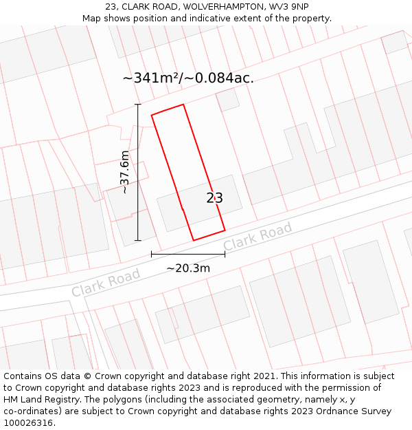 23, CLARK ROAD, WOLVERHAMPTON, WV3 9NP: Plot and title map