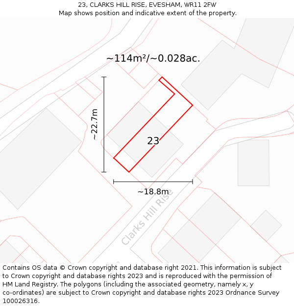 23, CLARKS HILL RISE, EVESHAM, WR11 2FW: Plot and title map