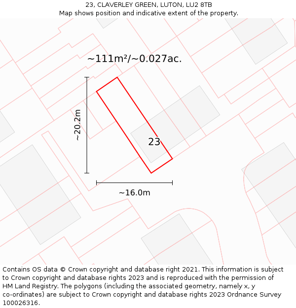23, CLAVERLEY GREEN, LUTON, LU2 8TB: Plot and title map