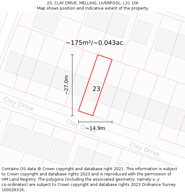 23, CLAY DRIVE, MELLING, LIVERPOOL, L31 1FA: Plot and title map