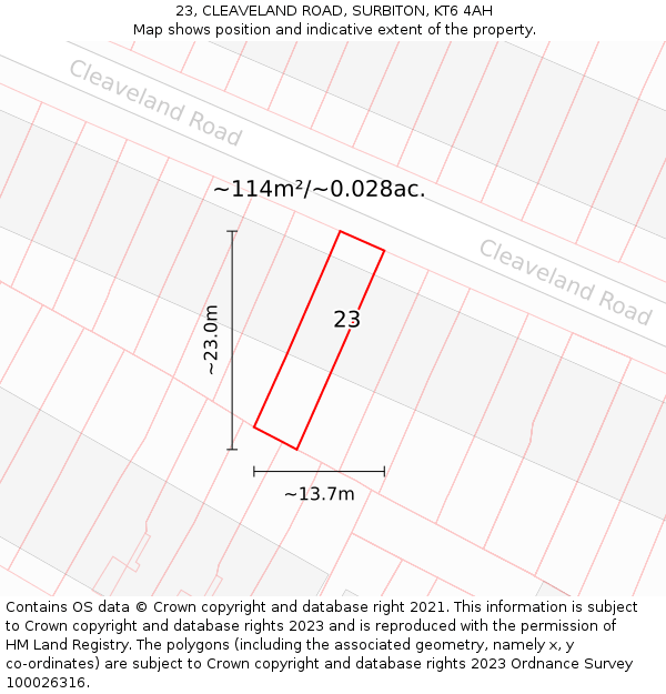 23, CLEAVELAND ROAD, SURBITON, KT6 4AH: Plot and title map